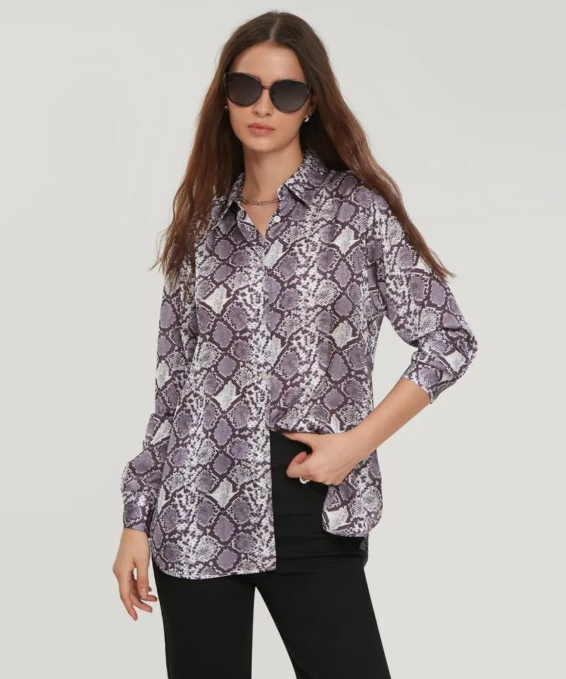Camisa Estampada En Satín Manga Larga