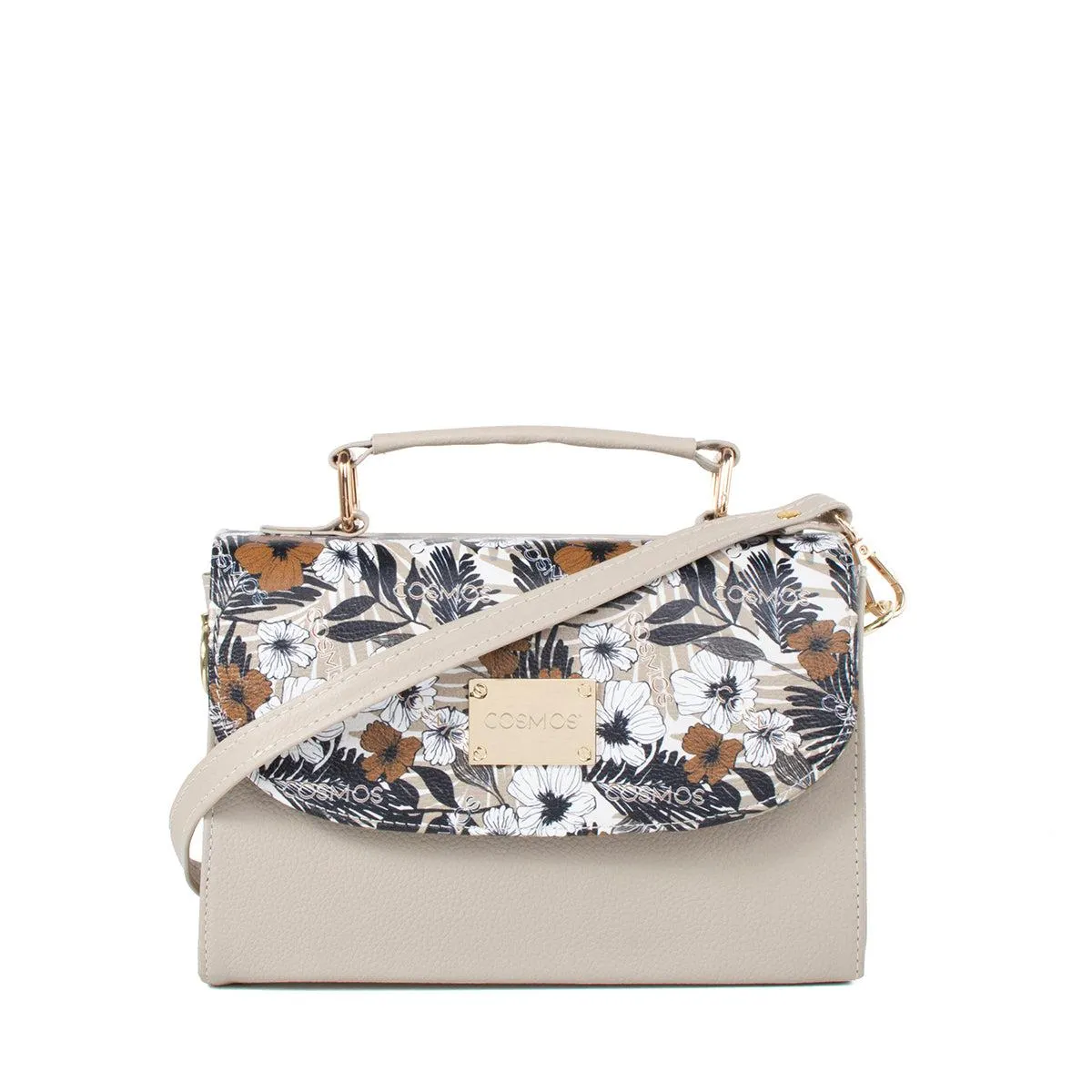 Bolso tipo bandolera color beige estampado frontal, para dama