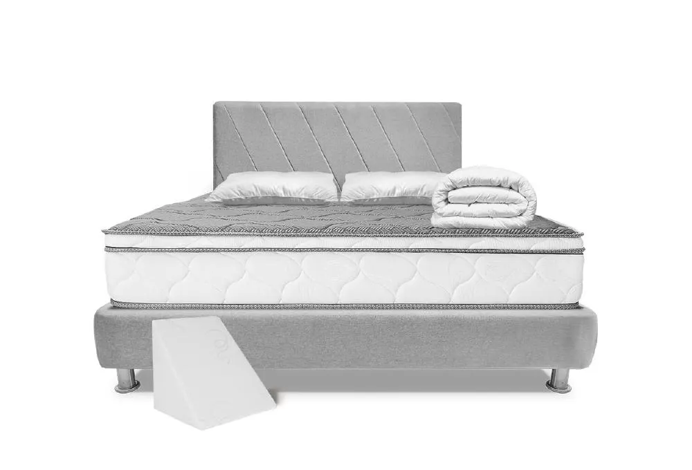 Combo Gold Colchón Espuma Silver Mid + Base Cama + Cabecero +Almohada + Protector + Cojín