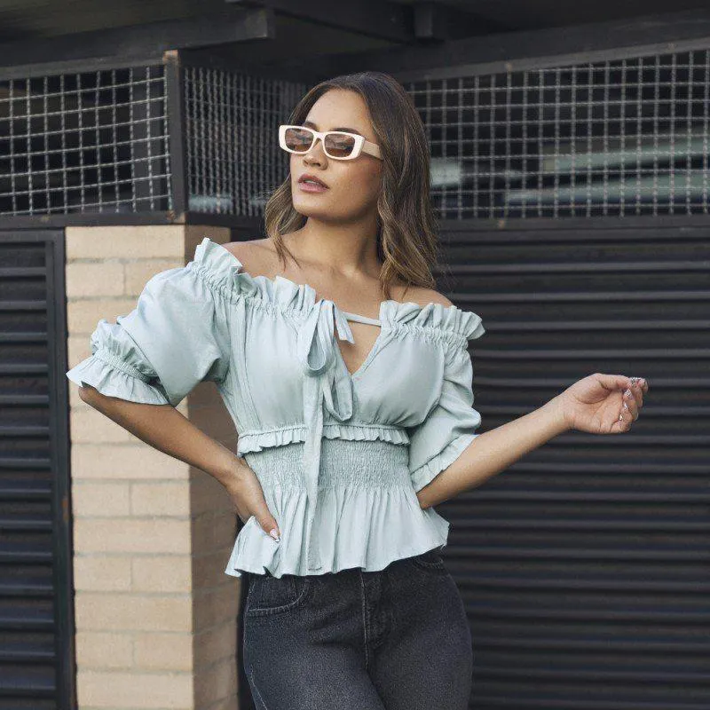 Blusa De Moda , Blusa Campesina, Hombros Descubiertos, Color Verde Menta