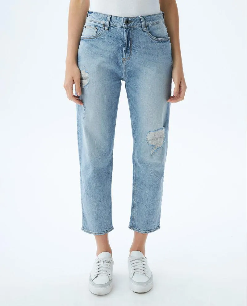 Jean de Mujer Medium Rise, Boyfit, Boot Cut - Azul Claro + Rotos