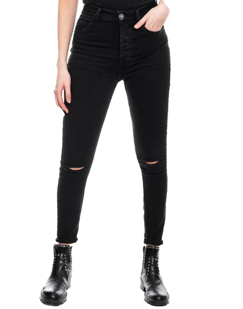 Black Denim High Waist Skinny Fit Jeans Con Rotos En Rodilla