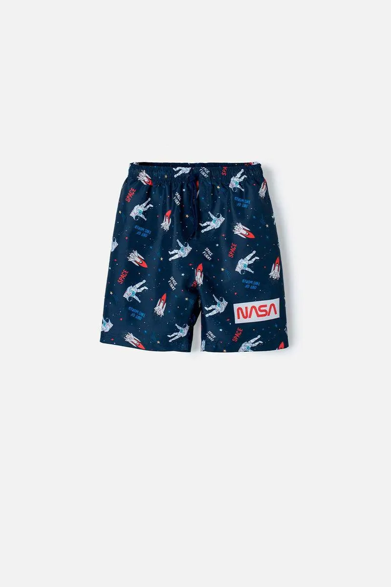 Pantaloneta de baño de la Nasa azul oscuro estampada para niño