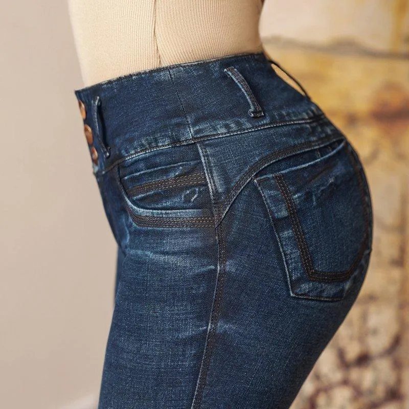 Jean Tiro Medio ,(Pretina Anatomica 3 Botones ) Extra Realce , Bota Tubo , Con Bolsillos, Tela: Denim Premium Licrada