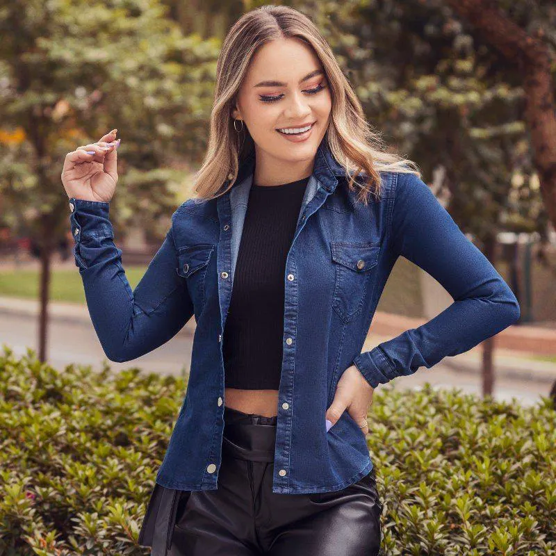 CAMISA AZUL OSCURO EN CHAMBRAY( tela jean extraliviana) MANGA LARGA