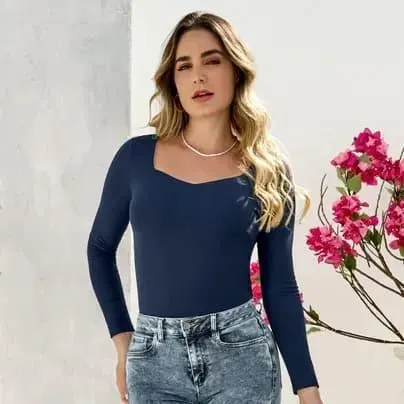 Muba Blusa manga larga escote corazón azul L
