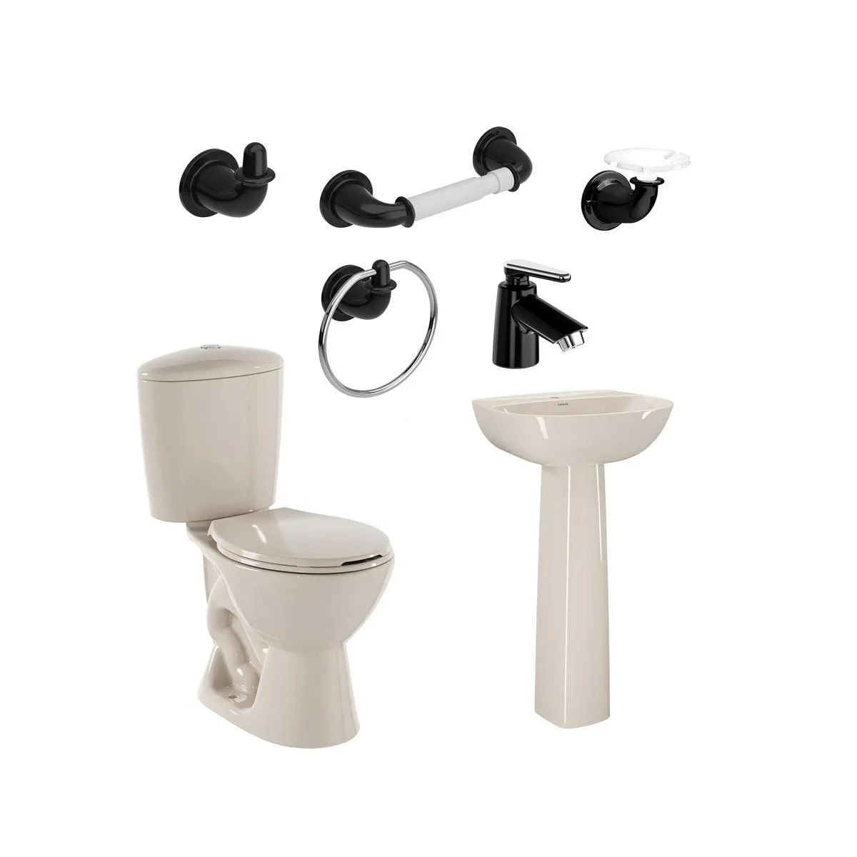 Combo Manantial Pro Redondo Bone con pedestal + Grifería y accesorios negros de edición especial