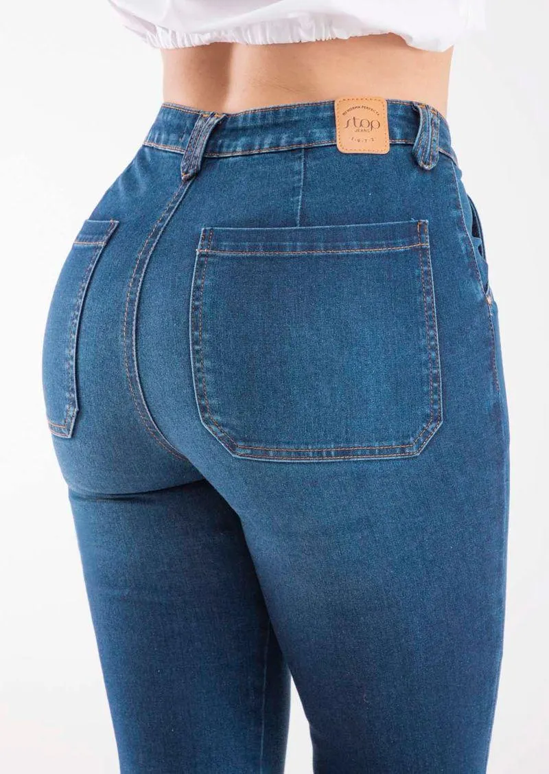 Jean levantacola tiro alto bota tubo