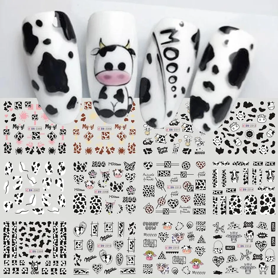12pcs Cute Cows Prints Nail Stickers Black White Milk Cows Water Sliders for Nails Fun Farm Manicure DIY Decor Nail Tools SABN