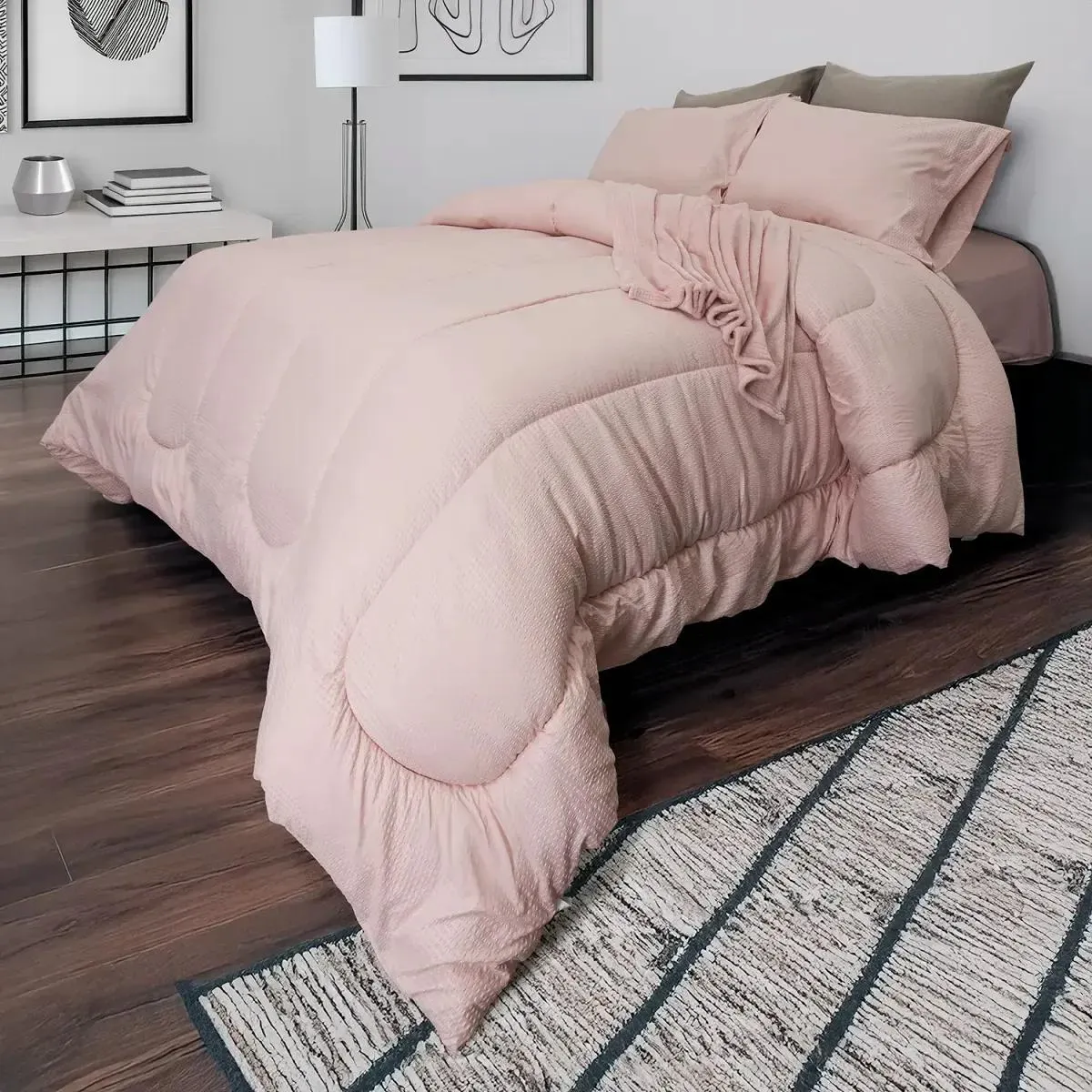 Combo plumón más manta microfibra corrugado rosa