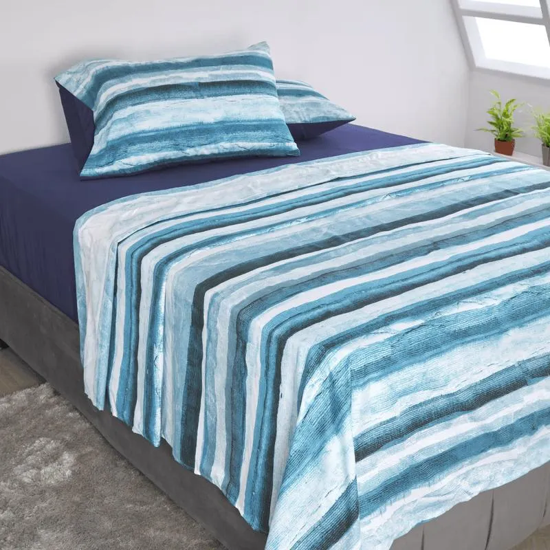 Juego de sábanas estampado/unicolor han b/azul patriota