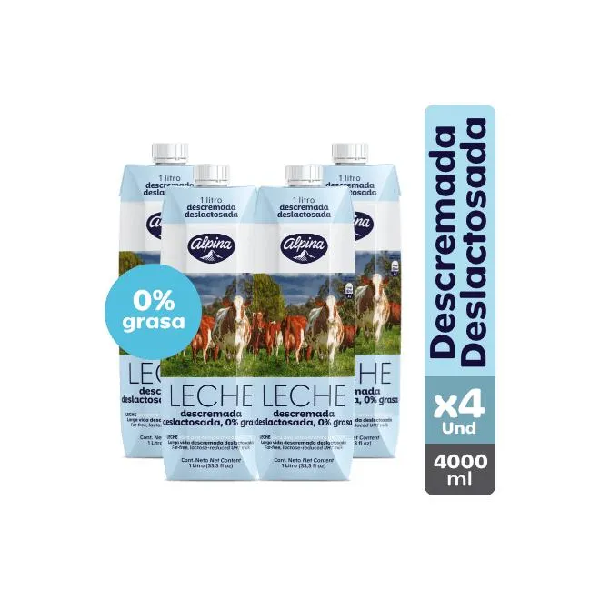 Leche Descremada Deslactosada Alpina x4 Und Caja 1000 ml