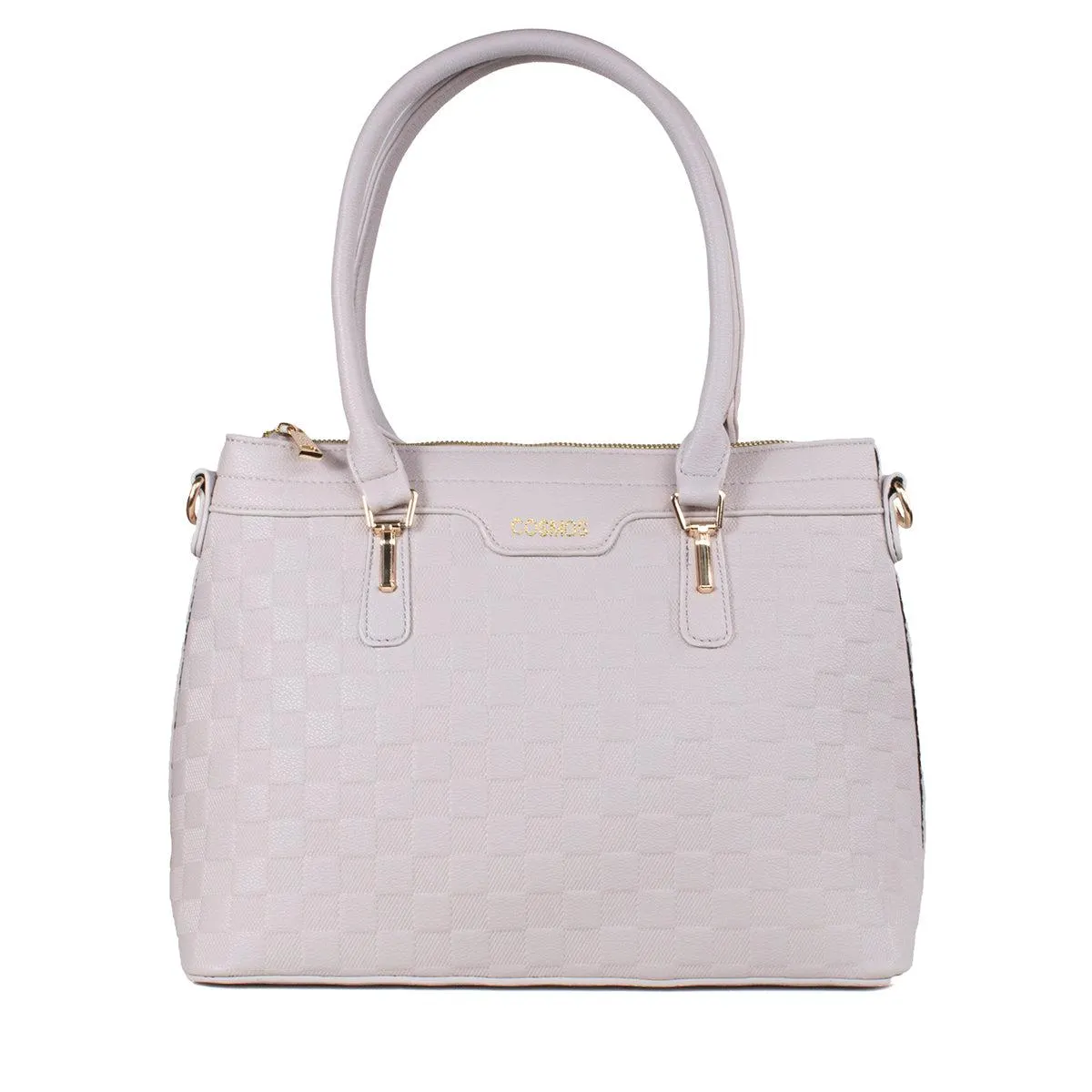 Bolso tipo shopping color palo de rosa con patrón de cuadrados