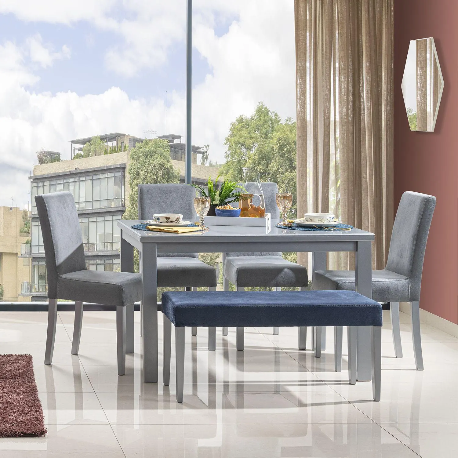 Comedor Bruce 6 Puestos Chenille Plomo, Plata