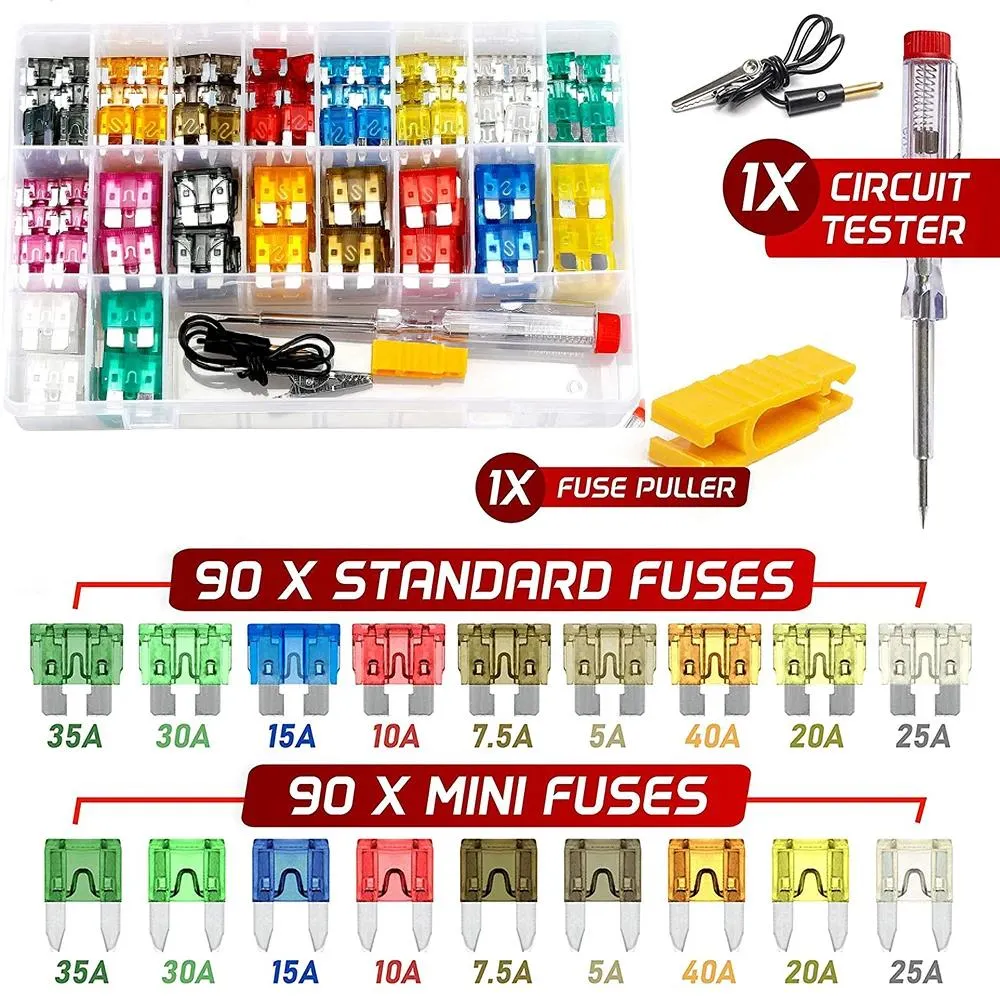 180pcs 5/7/10/15/20/25/30/35A Auto Fuse Assortment Kit Mini Small Size Blade Set Auto Fuse with Electric Pen