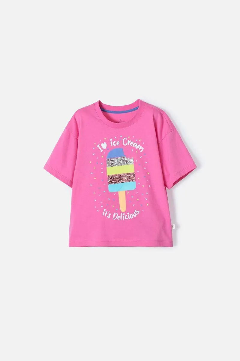 Camiseta Mic rosada con bordado en lentejuelas para niña