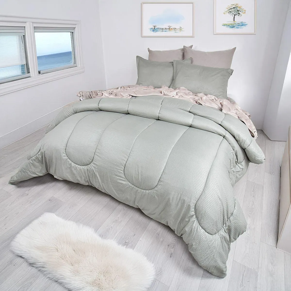 Plumón más fundón de almohada microfibra corrugada verde sage