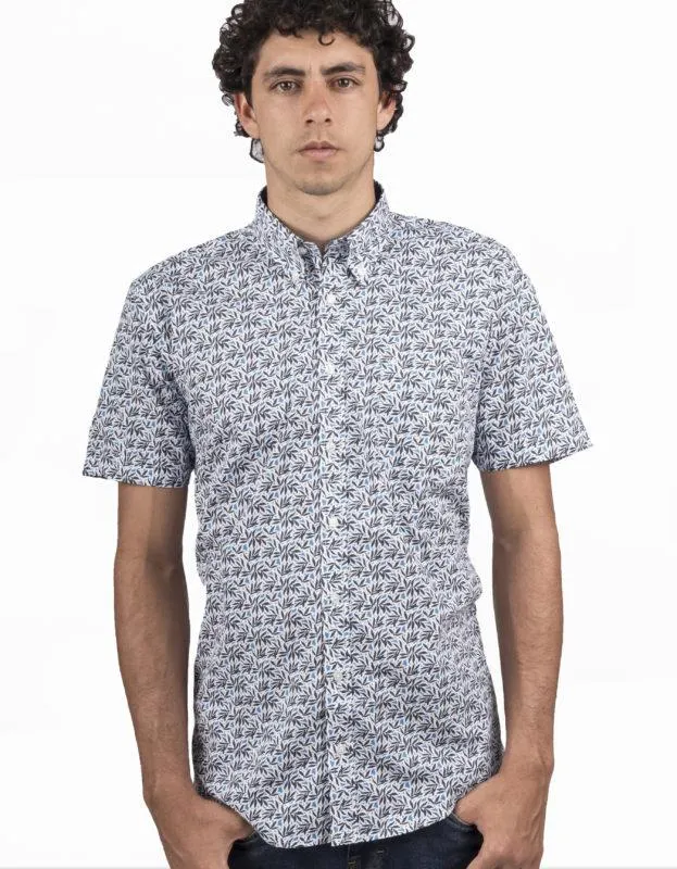Camisa Manga Corta Estampado Con Hojas En Tonos Azules – Moldería informal