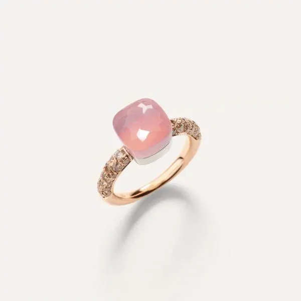 Anillo Pomellato Nudo Petir Oro Rosa 18k, Cuarzo Roza, Calcedonia y diamantes