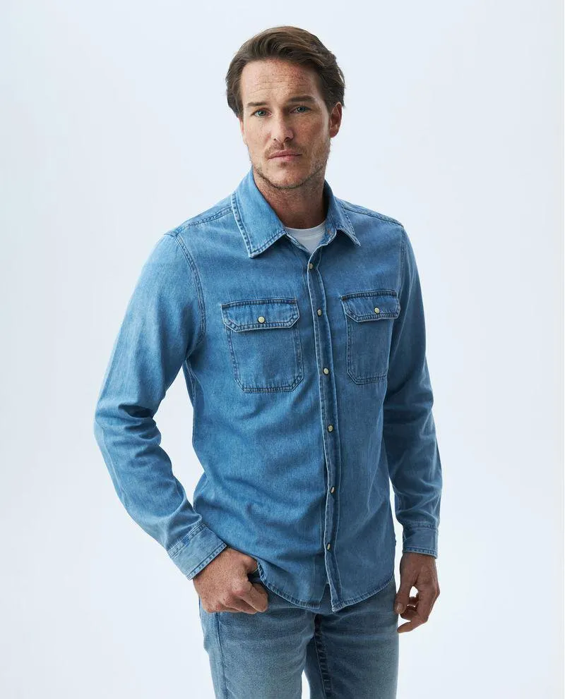 Camisa de Hombre en Denim, Slim Fit Manga Larga - Azul Claro
