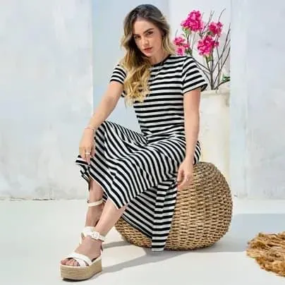 Muba Vestido largo manga corta rayas XL