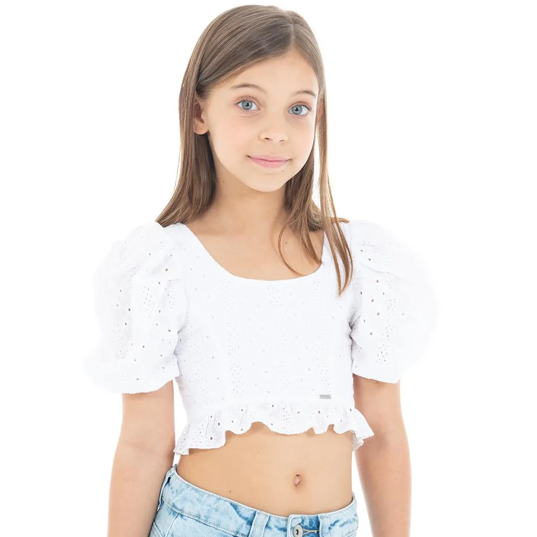 WHITE EYELET CROPPED SHIRT
