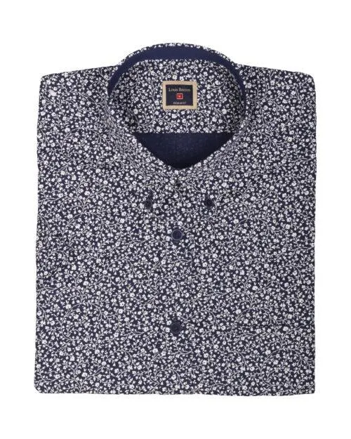 Camisa Manga Corta Blanca Print Flores Azules Oscuras – Moldería informal