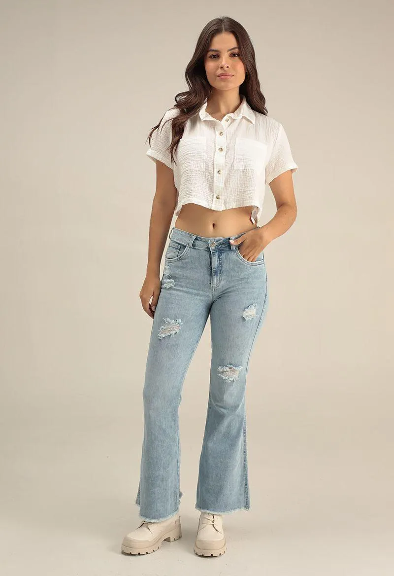 Jean vaquero tiro alto con bolsillos bota campana