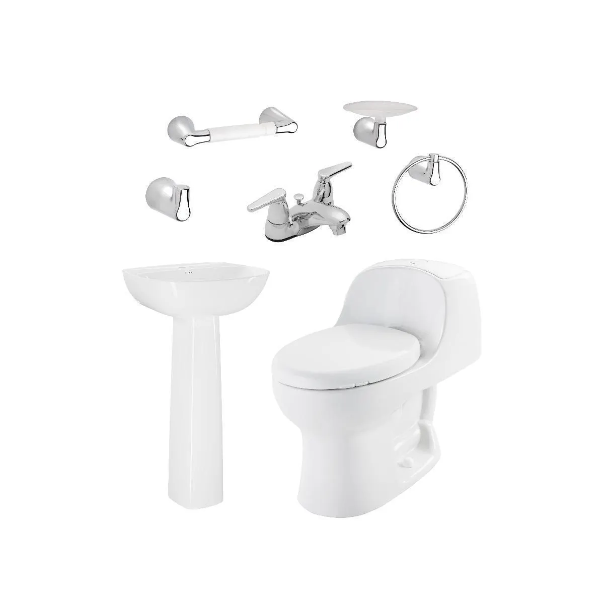 Combo Montecarlo Advance Manantial: Sanitario con taza redonda, lavamanos con pedestal, grifería y accesorios