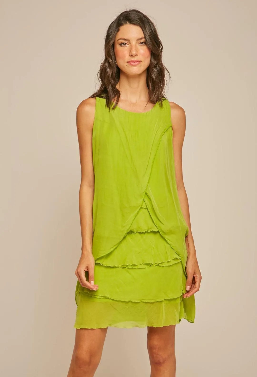 Vestido Corto Capas en Seda Mujer- SALE