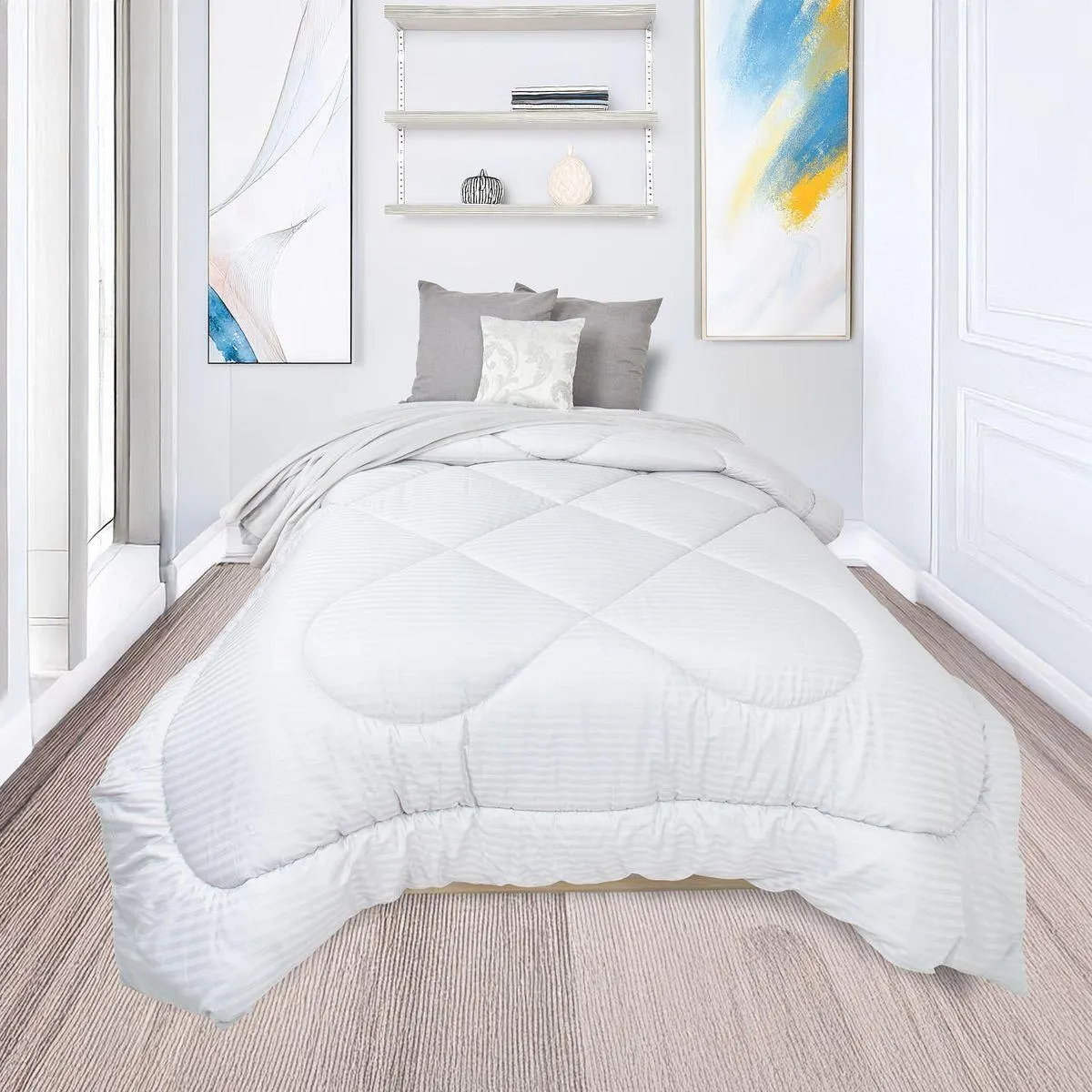 Plumón en tela 200 hilos líneas 1 cm gris claro