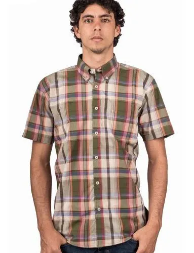 Camisa Manga Corta Cuadros Verde Oliva, Rayas Naranja Y Azul – Moldería informal