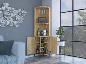 bar esquinero sharon, café claro, con espacio superior para almacenar copas de vino