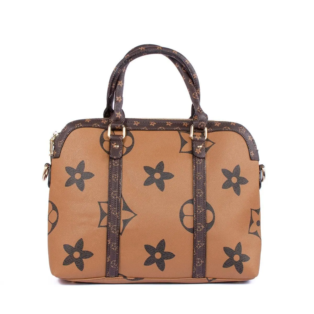 Bolso tipo shopping color miel con estampado de flores