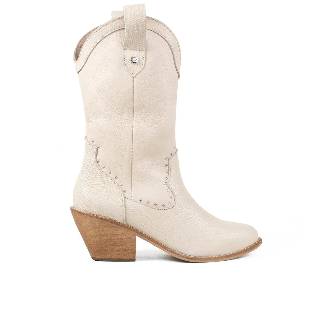 Botín de cuero caña alta texano color beige, para dama
