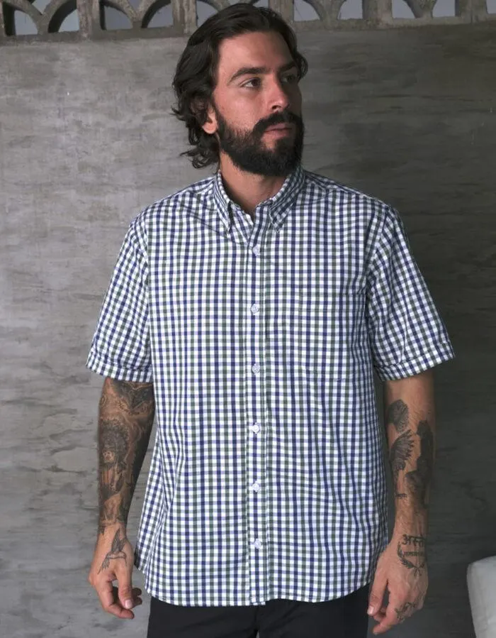 Camisa Manga Corta Cuadros Azul Oscuro y Verde – Moldería clásica