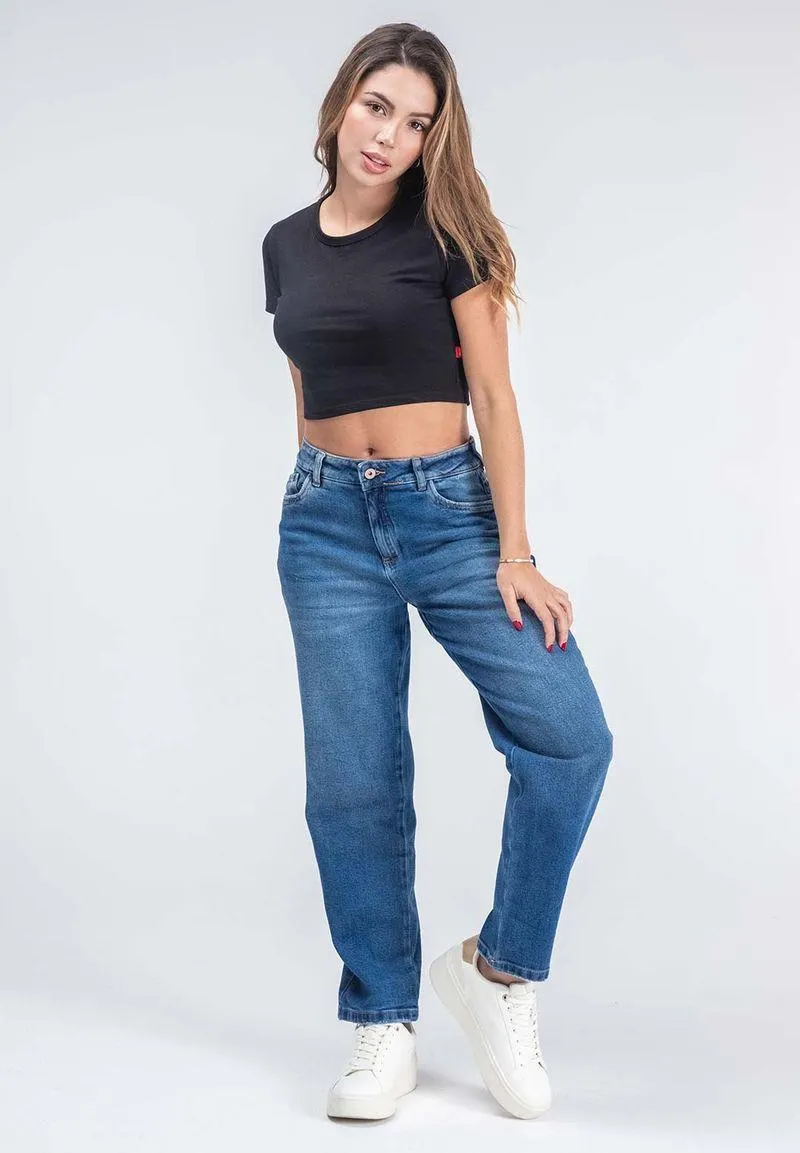 Mom jean tiro alto bota tubo