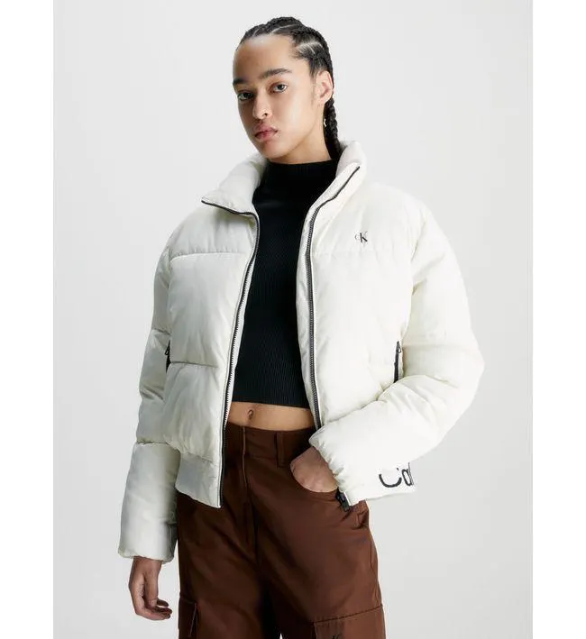 Chaqueta Blanco De Plumas Con Logo En Dobladillo