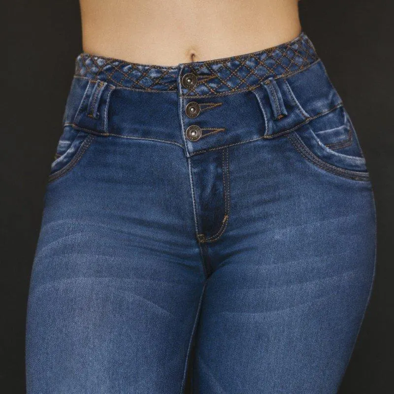 Jean Tiro Alto, Bota Campana, Extra Realce , Efecto Reductor De Cintura , Sin Bolsillos