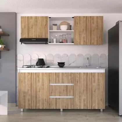 Cocina Integral Bari 1.80 Metros Miel Incluye Mesón Poceta Derecha En Acero Inoxidable Con 4 Fogones A Gas, Locero Y Portavasos. RH Resistente a la humedad