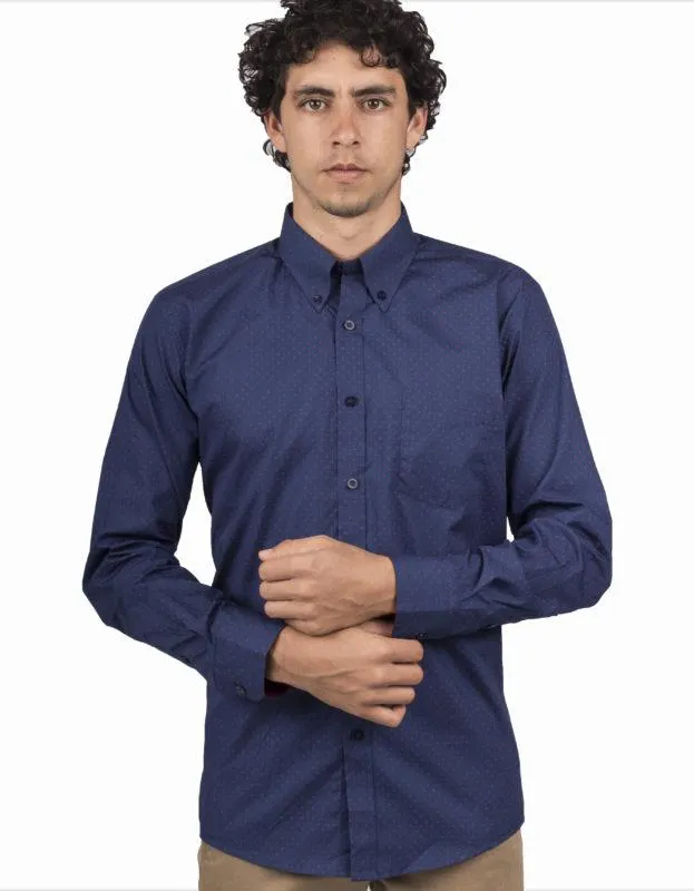 Camisa Manga Larga Azul Oscura Puntos Fucsia – Moldería informal