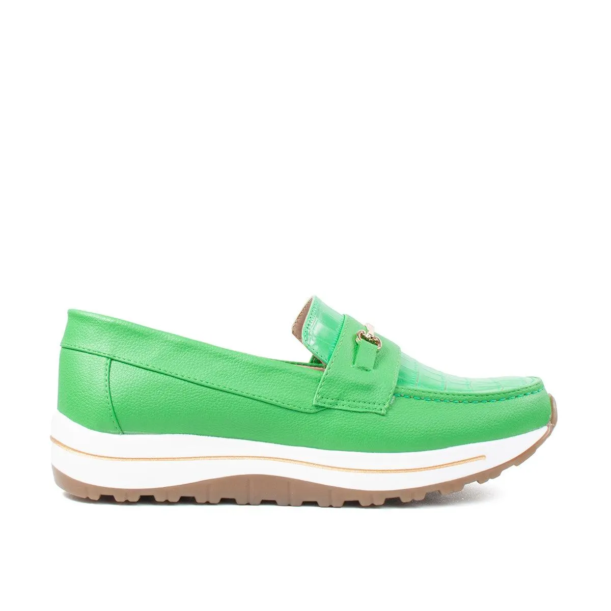 Mocasín color verde con textura croco, para dama