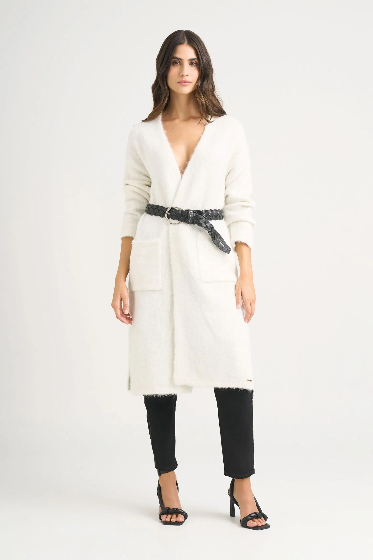 Cardigan caval tejido rectilíneo para mujer con abertura costados