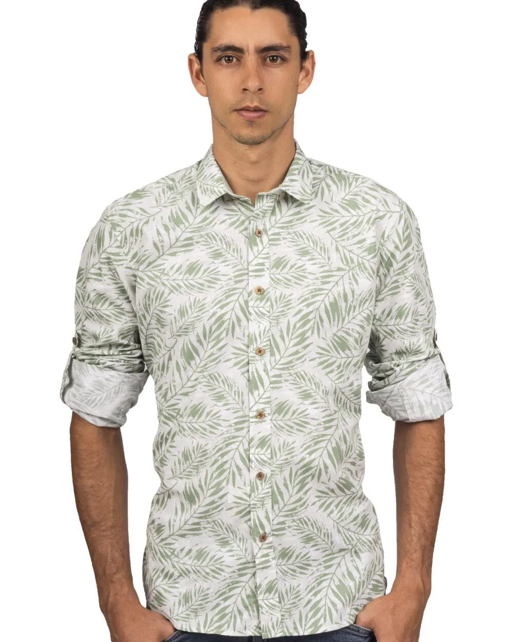 Camisa Manga Larga Estampado Hojas Verdes – Moldería slim