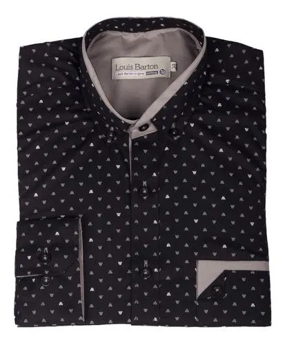 Camisa Cuello Nerú Color Negro Miniprint Gris Y Blanco – Moldería slim
