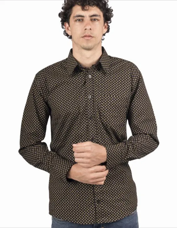 Camisa Manga Larga Negra Print Hojas Doradas – Moldería informal