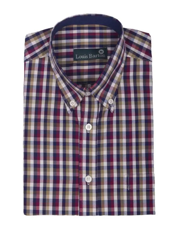 Camisa Manga Corta Cuadros Azules, Vino tinto y Ocre – Moldería clásica