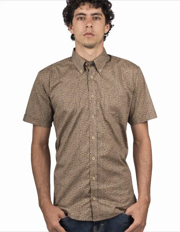 Camisa Manga Corta Café Miniprint Flores Azules – Moldería informal