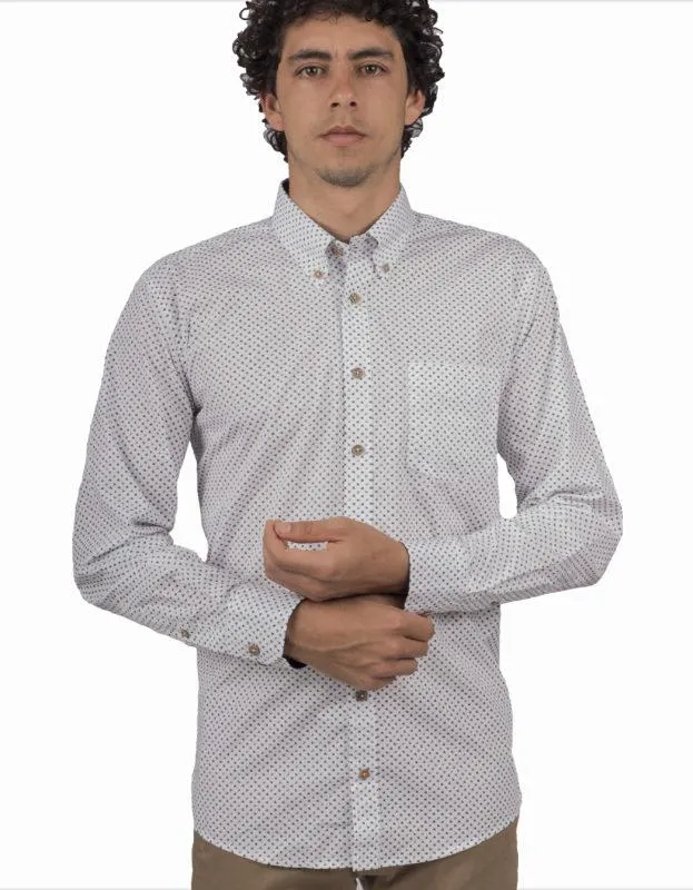 Camisa Manga Larga Color Blanco Miniprint Flores Azules – Moldería informal
