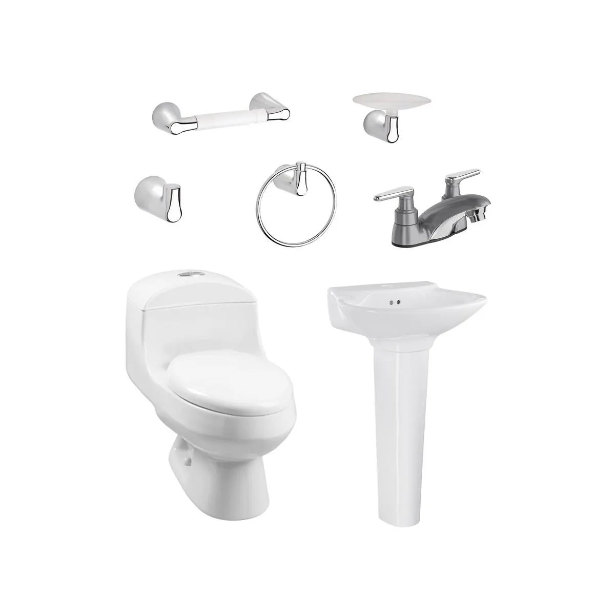 Combo Montecarlo II Blanco: Sanitario con taza redonda, lavamanos con pedestal, grifería gris y accesorios x4.